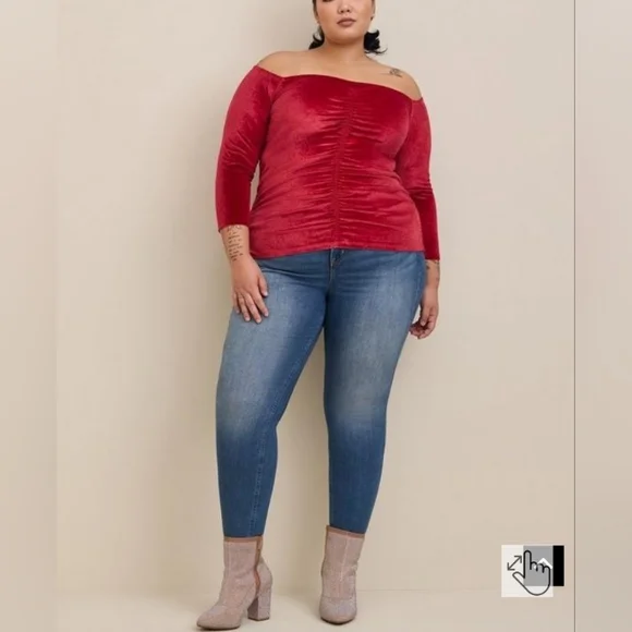 Torrid Red Stretch Velvet Shirred Front Off The Shoulder Blouse Shirt Top - Picture 4 of 8